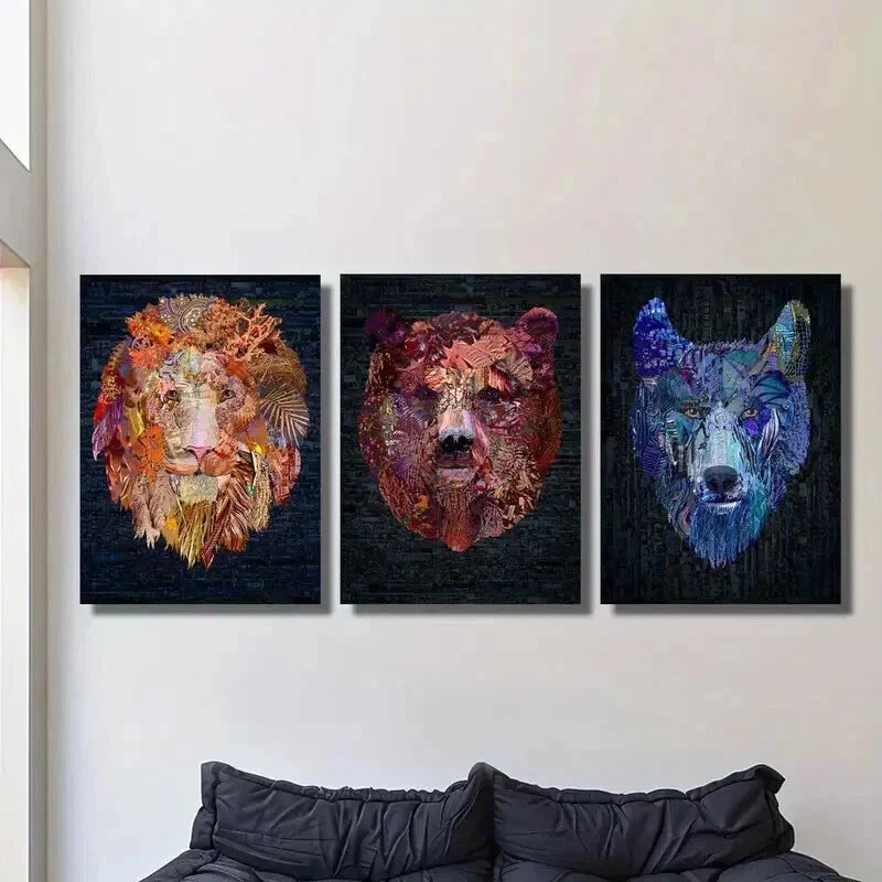 3pcs Vibrant Retro Lion Bear & Wolf Head Wall Art Set Canvas Framed 40x60cm - High Quality Print 100% Australian Made Wall Canvas Ready to Hang