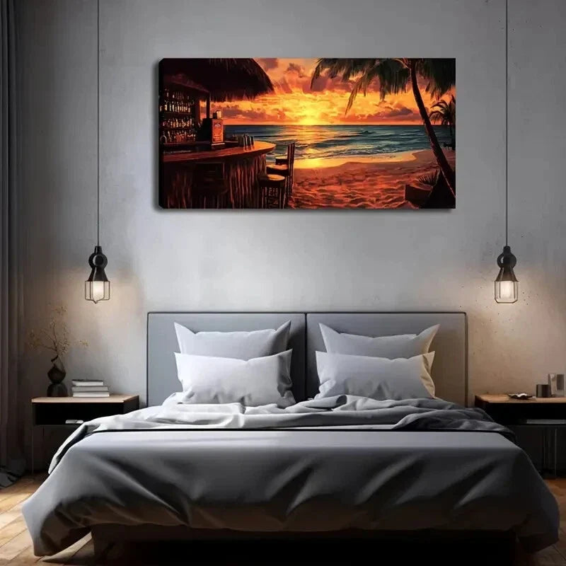 Vibrant Orange Sky and Ocean Wall Art Canvas Office Home Room Framed 120x60cm