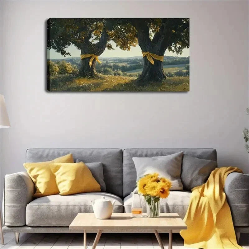 Tree Trunks with Yellow Ribbons Wall Art Canvas Office Home Room Framed 120x60cm
