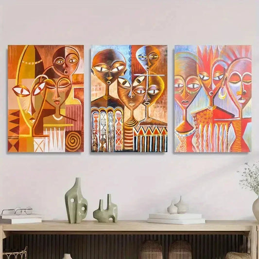 3pcs Vibrant African Faces Modern Abstract Metal Print Ready to Hang Art
