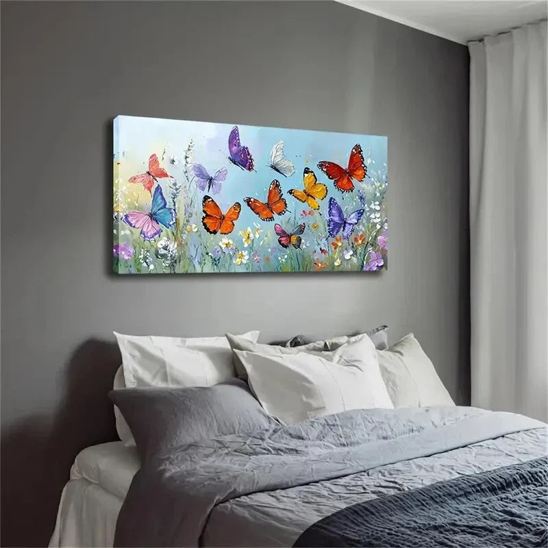 Butterflies & Flowers Realistic Wall Art Canvas Office Home Room Framed 80x45cm