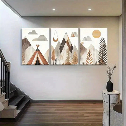 3pcs Boho Mountain Landscape Geometric Perfect Wall Art Set Canvas Framed 40x60cm - High Quality Print 100% Australian Made Wall Canvas Ready to Hang