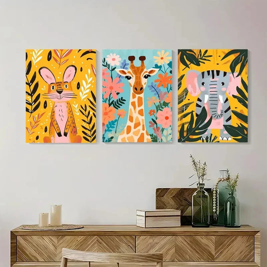 3pcs Vibrant Baby Animals Floral & Leaf Patterns Metal Print Ready to Hang Art