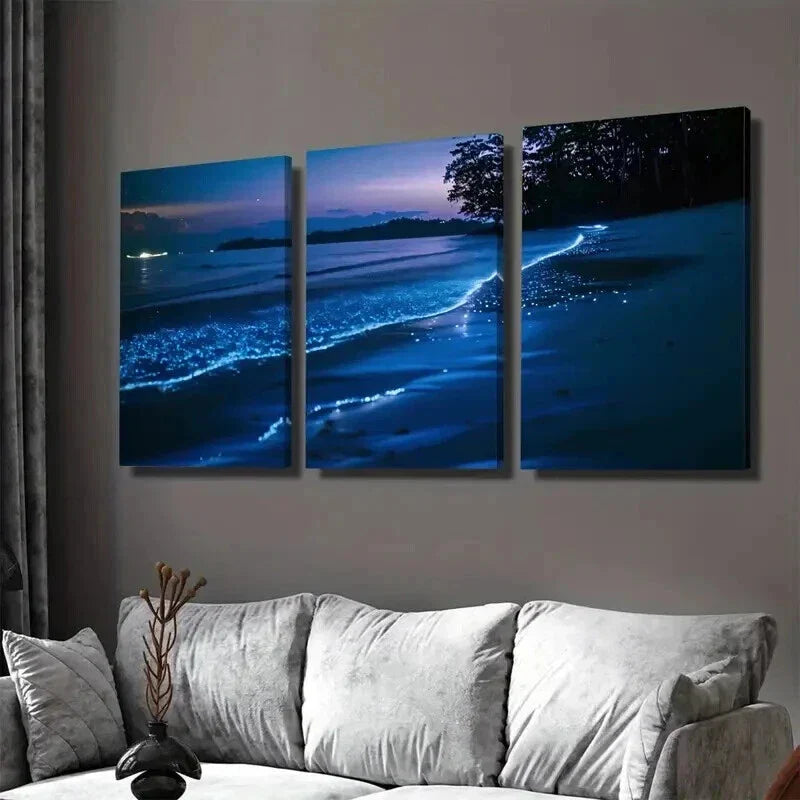 3pcs Glowing Ocean Night Scene Stunning Wall Art Set Canvas Framed 40x60cm - High Quality Print 100% Australian Made Wall Canvas Ready to Hang