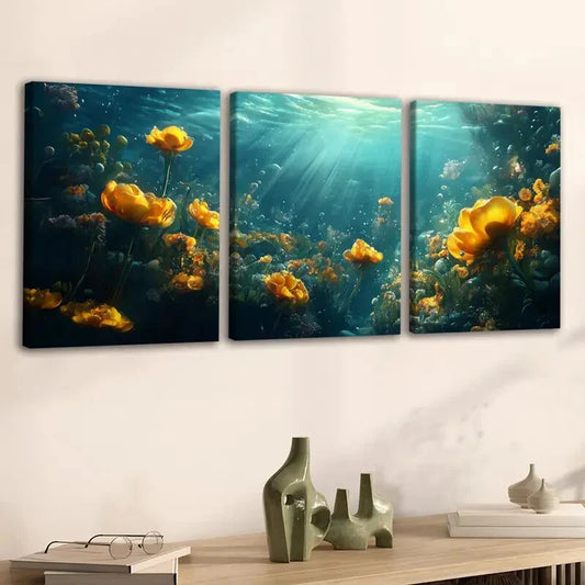3pcs Beautiful Sea Flowers And Fish Blue Water Wall Art Set Canvas Framed 40x60cm - High Quality Print 100% Australian Made Wall Canvas Ready to Hang