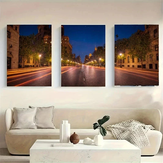 3pcs Long Exposure Night City Street Metal Print Ready to Hang Art