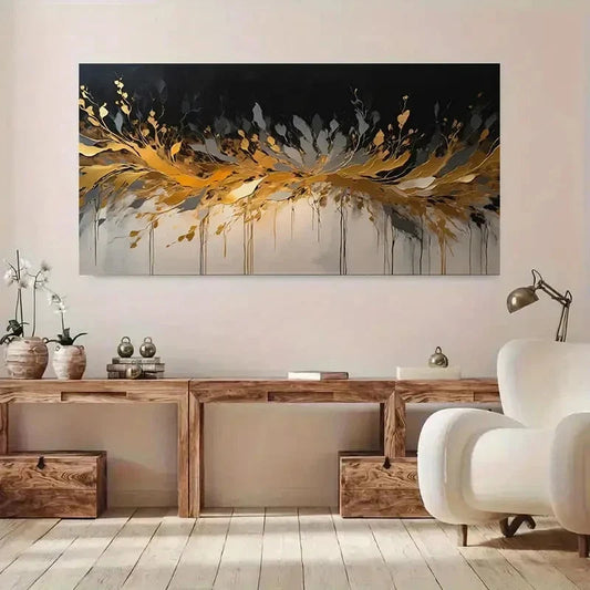Vibrant Golden White & Black Wall Art Canvas Office Home Room Framed 120x60cm