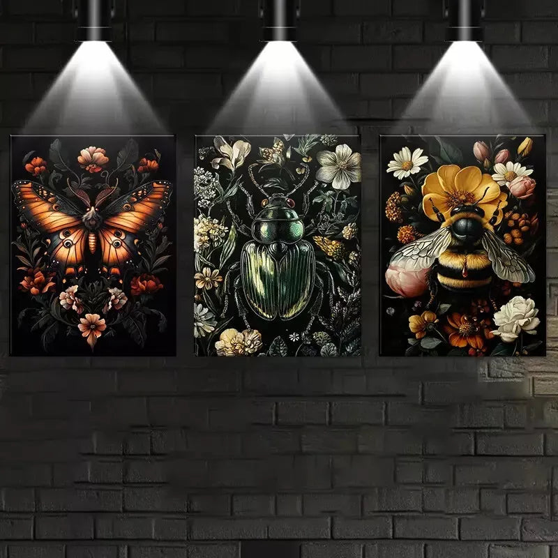 3pcs Gothic Insects And Plants with Florals Wall Art Set Canvas Framed 40x60cm - High Quality Print 100% Australian Made Wall Canvas Ready to Hang