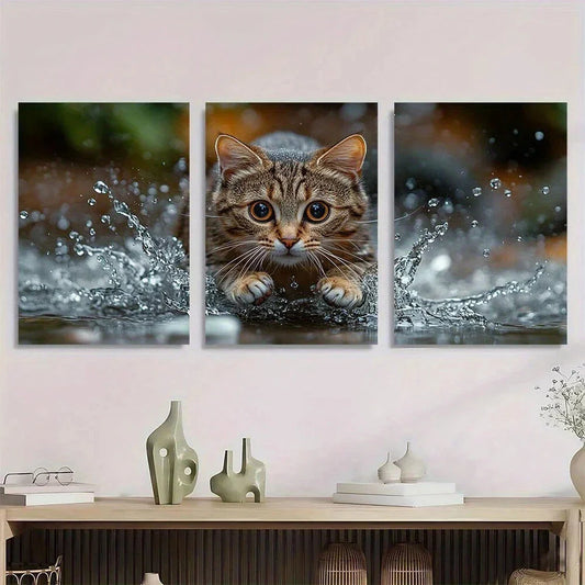 3pcs Vibrant Playful Animal Water Drops Metal Print Ready to Hang Art
