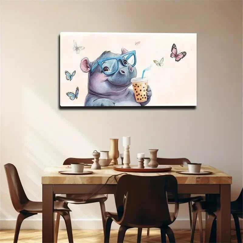 A Small Hippo Holding Milk Tea Wall Art Canvas Office Home Room Framed 120x60cm