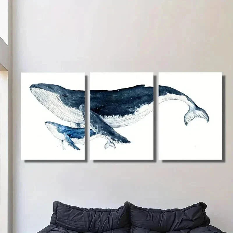 3pcs Nautical Humpback Marine Blue Whale Wall Art Set Canvas Framed 40x60cm - High Quality Print 100% Australian Made Wall Canvas Ready to Hang