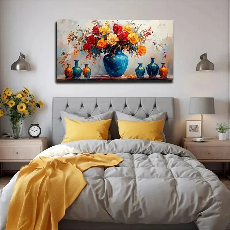 Floral Bouquet Blue Vase Wall Art Canvas Office Home Room Framed 120x60cm