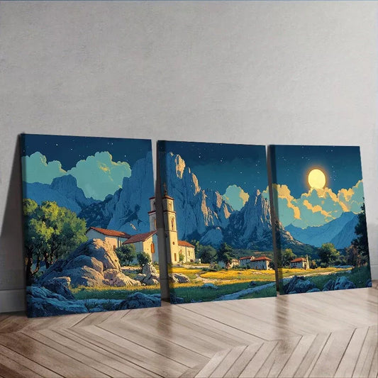 3pcs Painting A Church Under The Mountains Wall Art Set Canvas Framed 40x60cm - High Quality Print 100% Australian Made Wall Canvas Ready to Hang