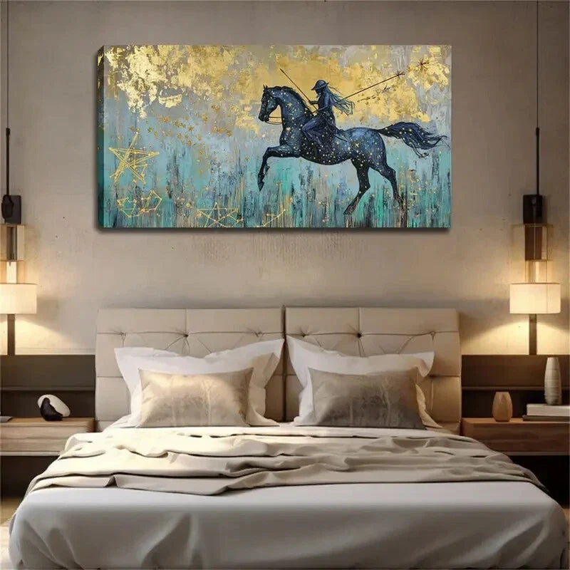 Rider on Black Horse Golden Wall Art Canvas Office Home Room Framed 120x60cm