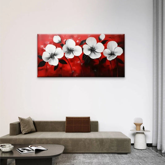 Red White Flowers Floral Wall Art Canvas Office Home Room Framed 80x45cm