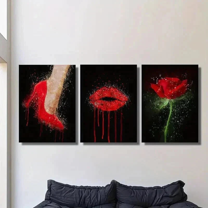 3pcs Abstract Fashion Red Heels Lips Rose Wall Art Set Canvas Framed 40x60cm - High Quality Print 100% Australian Made Wall Canvas Ready to Hang