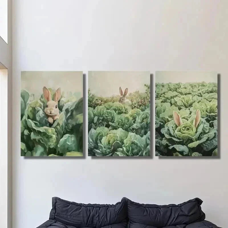 3pcs Rabbits in the Vegetable Garden Wall Art Set Canvas Framed 40x60cm - High Quality Print 100% Australian Made Wall Canvas Ready to Hang