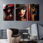 3pcs Red and Black Hat Female Portrait Triptych Metal Print Ready to Hang Art