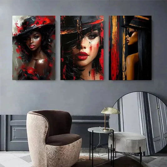 3pcs Red and Black Hat Female Portrait Triptych Metal Print Ready to Hang Art