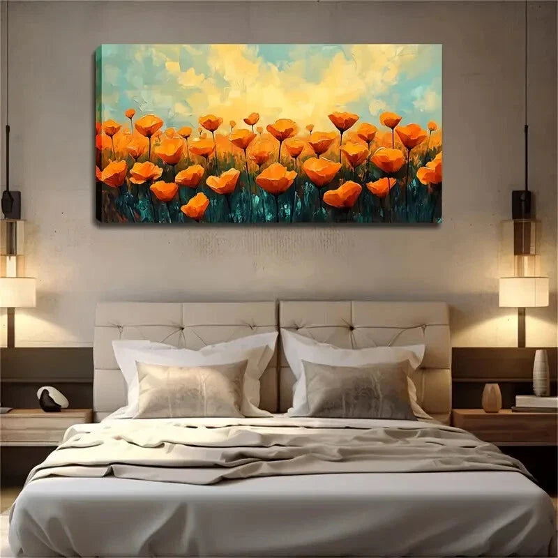 Orange Flowers on Turquoise Wall Art Canvas Office Home Room Framed 120x60cm