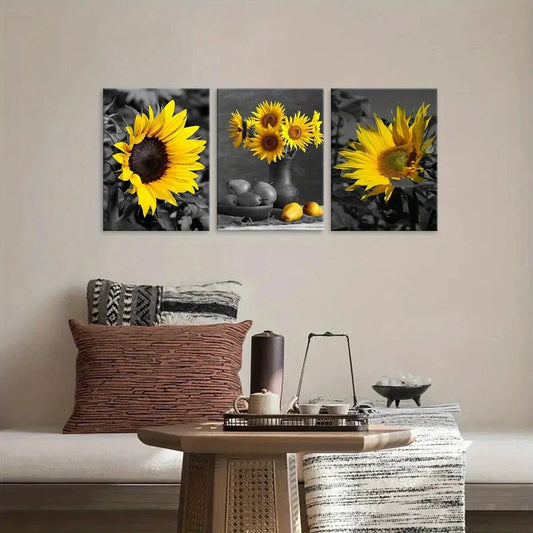 3pcs Sunflower and Elk Natural Style Black & White Metal Print Ready to Hang Art