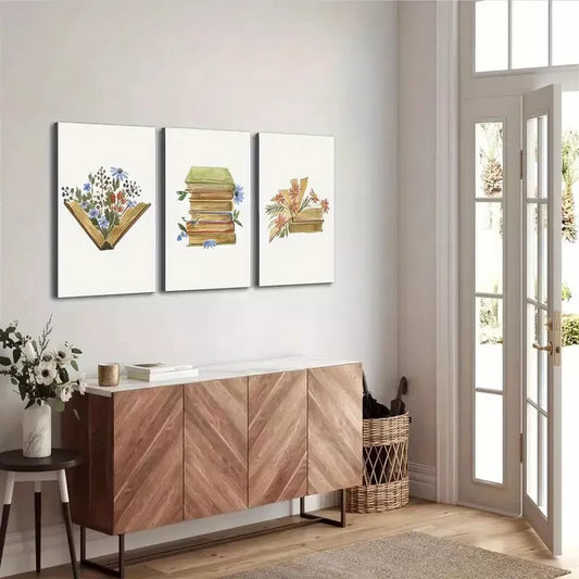3pcs Watercolor Bohemian Style Floral Book Wall Art Set Canvas Framed 40x60cm - High Quality Print 100% Australian Made Wall Canvas Ready to Hang