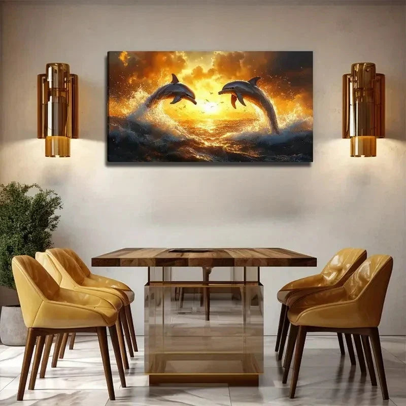 Golden Sunset Dolphin Wall Art Canvas Office Home Room Framed 120x60cm