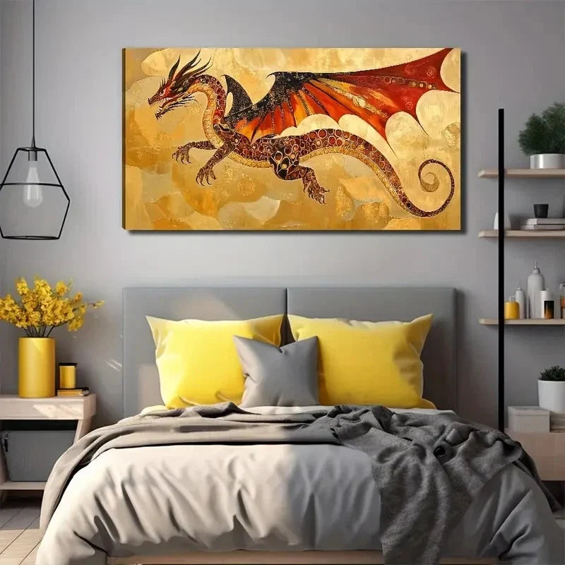Ancient Dragon Golden & Red Wall Art Canvas Office Home Room Framed 80x45cm
