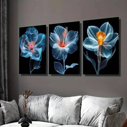3pcs Translucent Blue Flowers Decoration Wall Art Set Canvas Framed 40x60cm - High Quality Print 100% Australian Made Wall Canvas Ready to Hang