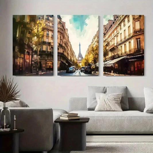 3pcs Street View with Eiffel Tower Metal Print Ready to Hang Art