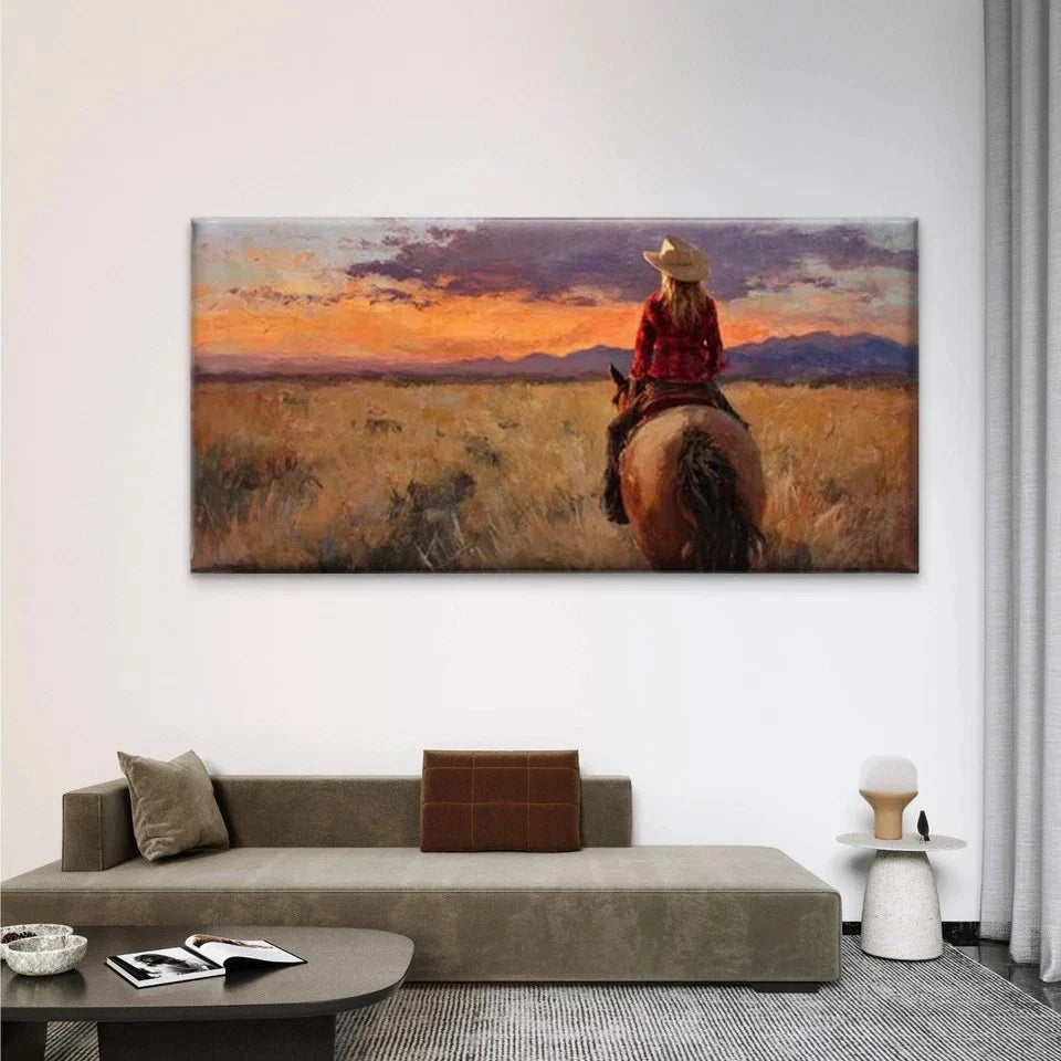 Horseback Riding Sunset Wall Art Canvas Office Home Room Framed 80x45cm