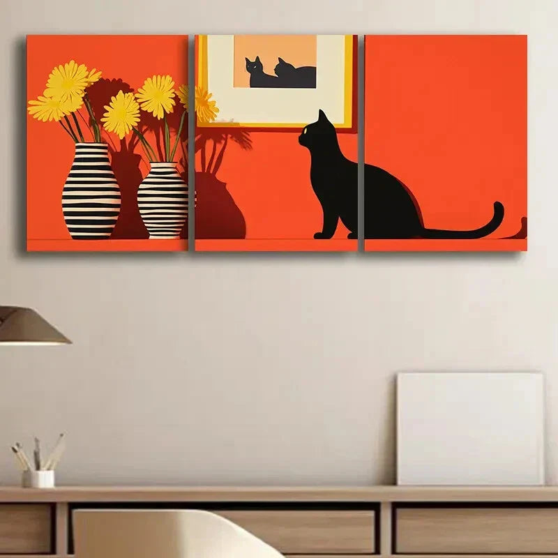 3pcs Black Cat and Yellow Daisy Modern Perfect Wall Art Set Canvas Framed 40x60cm - High Quality Print 100% Australian Made Wall Canvas Ready to Hang
