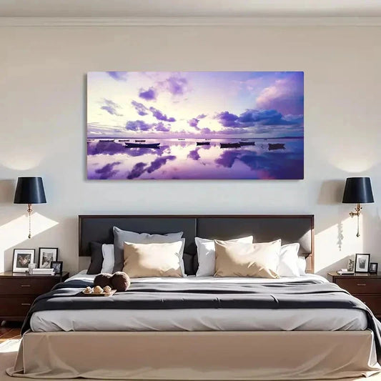 Serene Purple Sunset Seaside Wall Art Canvas Office Home Room Framed 120x60cm