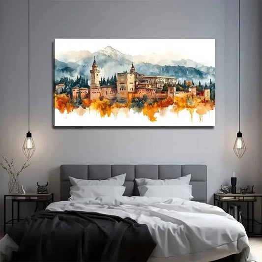 Castle Under The Mountain Lands Wall Art Canvas Office Home Room Framed 120x60cm