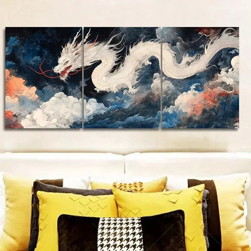 3pcs White Dragon in Cloud Sea Metal Print Ready to Hang Art