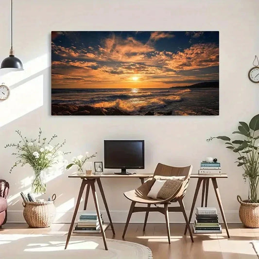 Ocean Sunset Waves Beach Wall Art Canvas Office Home Room Framed 120x60cm