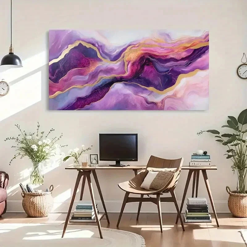 Purple Blue & Yellow Fluid Wall Art Canvas Office Home Room Framed 80x45cm
