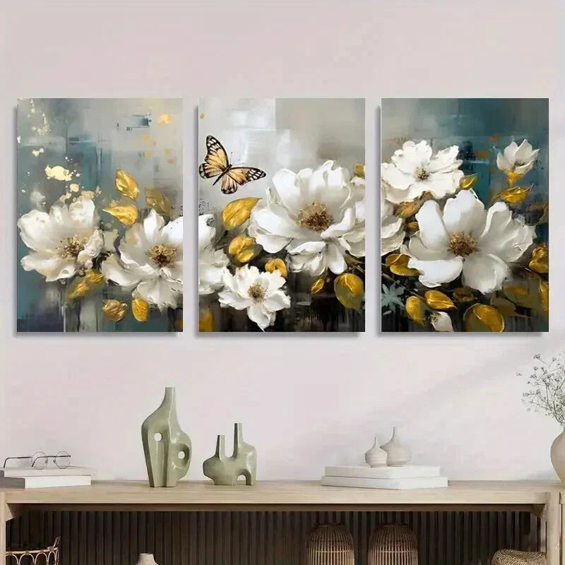 3pcs Elegant White Flowers & Butterfly Metal Print Ready to Hang Art