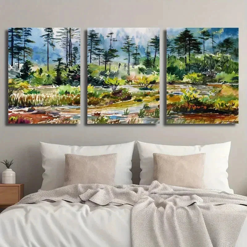 3pcs Pine Trees & Stream Illustration Landscape Wall Art Set Canvas Framed 40x60cm - High Quality Print 100% Australian Made Wall Canvas Ready to Hang