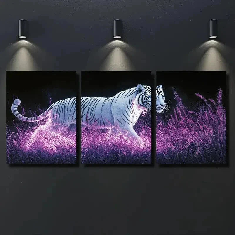 3pcs White Tiger on Neon Grass Decor Wall Art Set Canvas Framed 40x60cm - High Quality Print 100% Australian Made Wall Canvas Ready to Hang