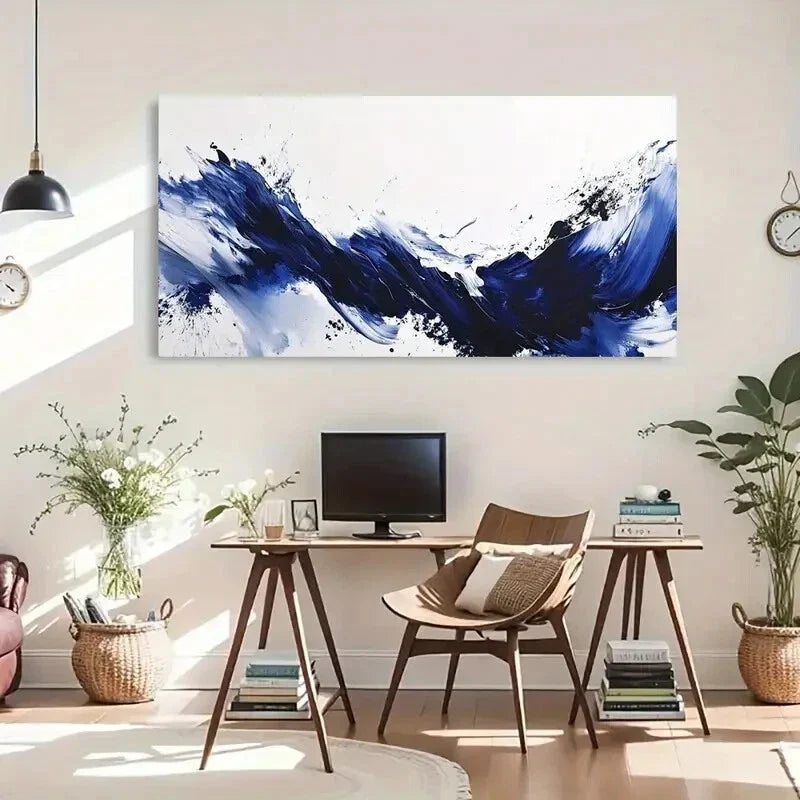 Abstract Ocean Waves Stroke Wall Art Canvas Office Home Room Framed 80x45cm