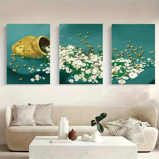 3pcs Serene Daisy Goldfish Teal White Floral Metal Print Ready to Hang Art
