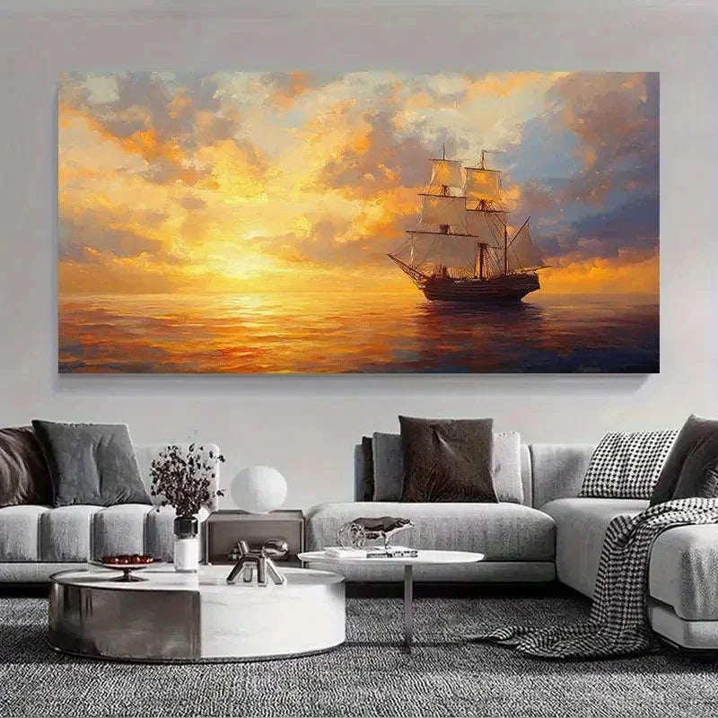 Sailing Ship Sunset Realistic Wall Art Canvas Office Home Room Framed 120x60cm