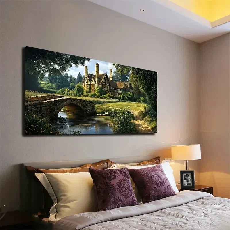 English Countryside Manor Stone Wall Art Canvas Office Home Room Framed 120x60cm