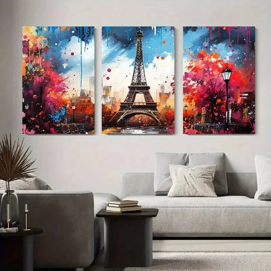 3pcs Eiffel Tower Graffiti Colorful Paris Citysca Metal Print Ready to Hang Art