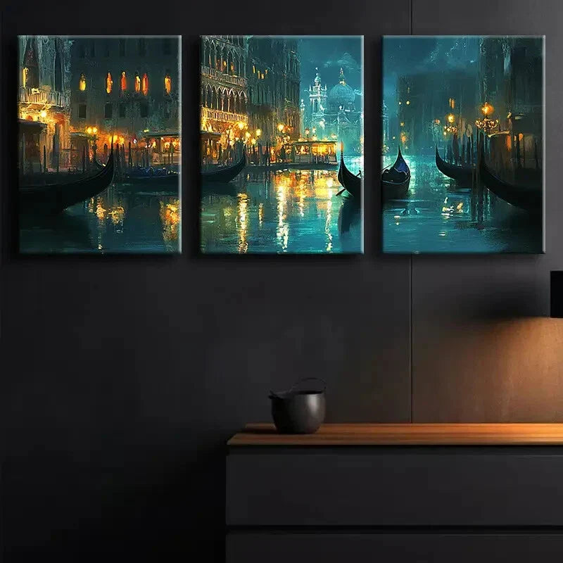 3pcs Venetian Grand Canal Night Moon Perfect Wall Art Set Canvas Framed 40x60cm - High Quality Print 100% Australian Made Wall Canvas Ready to Hang