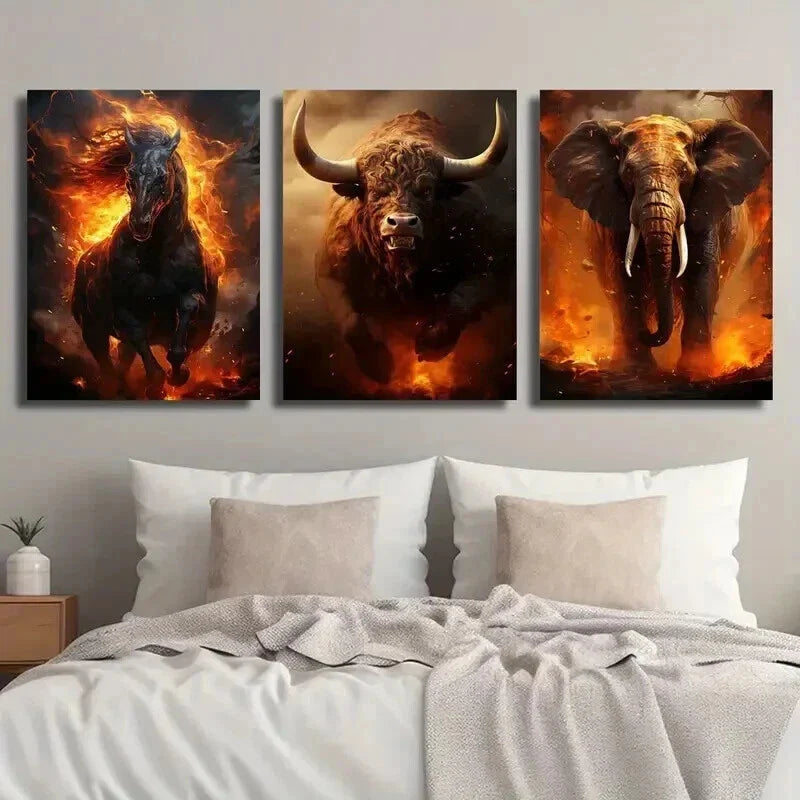 3pcs Running Hell Demon Horse Bull Elephant Wall Art Set Canvas Framed 40x60cm - High Quality Print 100% Australian Made Wall Canvas Ready to Hang