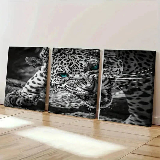3pcs Black and White Jaguar with Green Eyes Wall Art Set Canvas Framed 40x60cm - High Quality Print 100% Australian Made Wall Canvas Ready to Hang