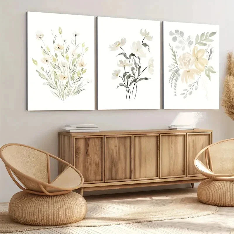 3pcs Flowers Green Leaves Wild Plants YellowWall Art Set Canvas Framed 40x60cm - High Quality Print 100% Australian Made Wall Canvas Ready to Hang