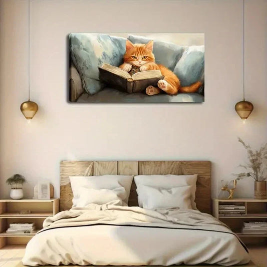 Orange Cat On Book Abstract Wall Art Canvas Office Home Room Framed 120x60cm